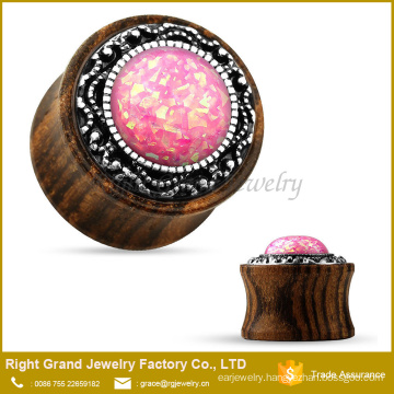 Pink Sythetic Fire Opal Brass Inlay Organic Wooden Ear Plugs Jewelry